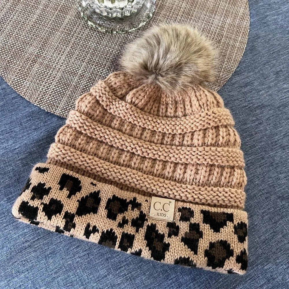 C.C. KIDS Beanie Leopard Print Knit Hat with Pom-Pom NWOT